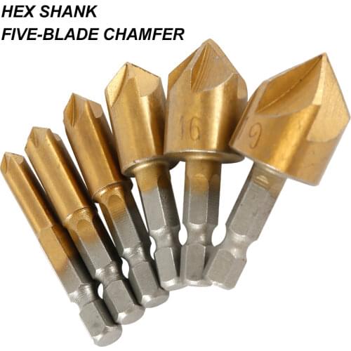 6 PCS HSS 5 Flute Counter Sink Drill Head Bit Set 90 Degree 1/4" Chamfer Cutter Metal Drills DIY Power Tools Drilling Conductor