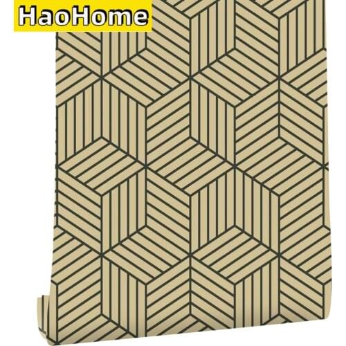 HaoHome Black & Brown Striped Hexagon Peel and Stick Wallpaper Black Stripes Self Adhesive Wallpaper for Bedroom Wall Decor