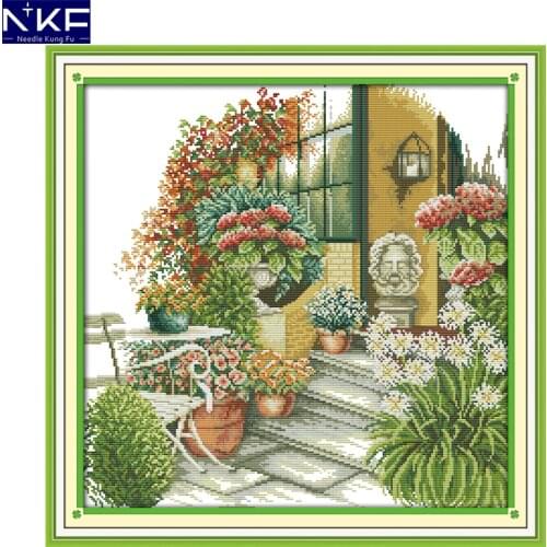 NKF The Leisurely Courtyard Chinese Cross Stitch Pattern DIY Needlework Embroidery Scenery Cross Stitch for Home Decor