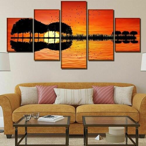 Guitar Island Tree Lake Sunset 5 Pcs Canvas Picture Print Wall Art Canvas Painting Wall Decor for Living Room Poster No Framed