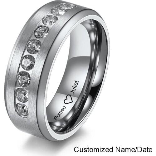 Customized Name Date Couple Rings Stainless Steel Rhinestone Woman Men Ring for Engagement Wedding Anniversary Gift