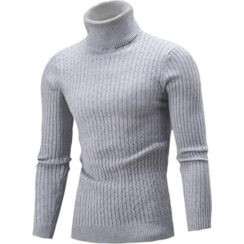 Casual Men Winter Solid Color Turtle Neck Long Sleeve Twist Knitted Slim Sweater