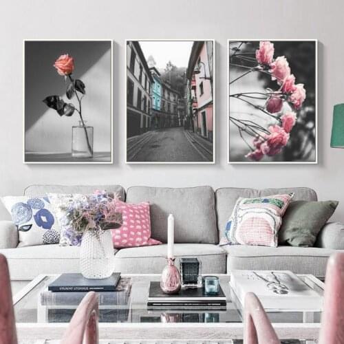 Nordic Romantic Retro Rose Decor Painting Navia Black Pink Landscape Home Decoration Living Room Background Wall Hanging Picture