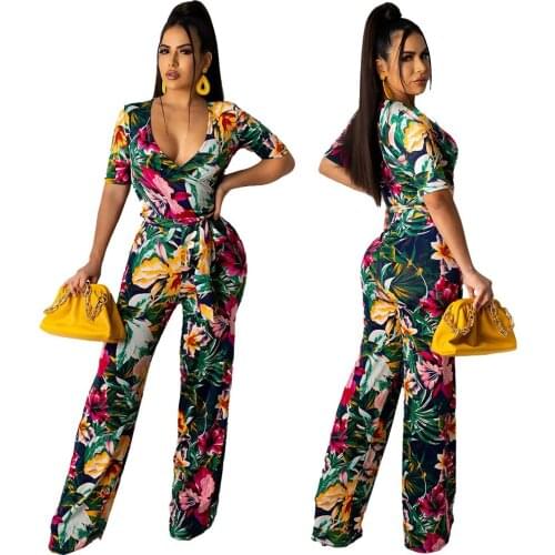 Bohemia Floral Print Rompers Women Casual Short Sleeve Straight Jumpsuits Ladies Summer Beach Party Plus Size Rompers Femme
