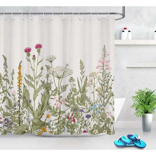 Watercolor Theme Spring Wild Flowers Shower Curtain Waterproof Bath Curtain Bathtub Decor Bathroom Accessory Sets with 12 Hooks