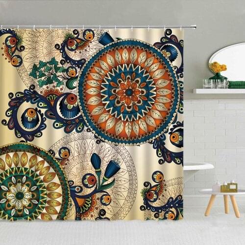 Indian Mandala Flower Shower Curtain Feather Leaf Bohemia Style Bathroom Decor Retro Pattern Waterproof Fabric Hooks Curtains