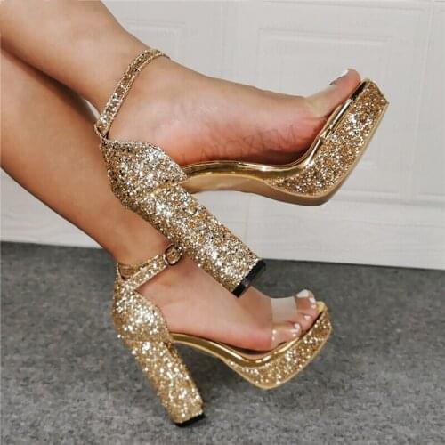 SEIIHEM Women Platform Sandals Block Thick Heels Glitter Toe Clear PVC Wedding Prom Party Ladies Shoes Women Plus Size 41 46 47