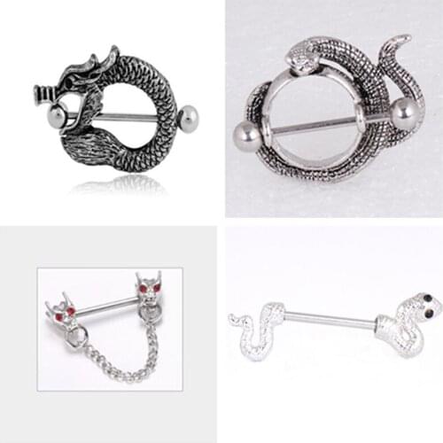 2pcs/lot Fashion Pierced Clip On Fake Nipple Ring Body Jewelry Snake Shaped Stainless Steel Piercing