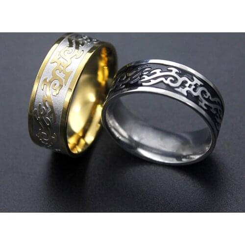 2018 ethnic gold black stainless steel Dragon totem Ring Mens Jewelry Wedding Band male ring for lovers Valentine gift
