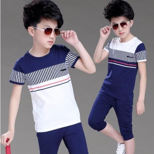 2021 Boys Summer Clothing Fashion Casual Sports Short Sleeve Cotton Children Clothes Sets Color Navy / White 120-160