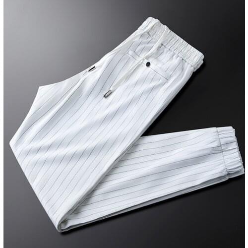 White thin vertical stripes casual pants mens slim-fit mens ice silk trousers with button pockets