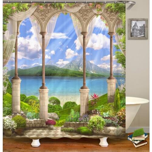 European Style Patio Scenery Print Shower Curtain Bathroom Blackout Shower Curtain Large 180x200cm for Bath Curtain with Hooks