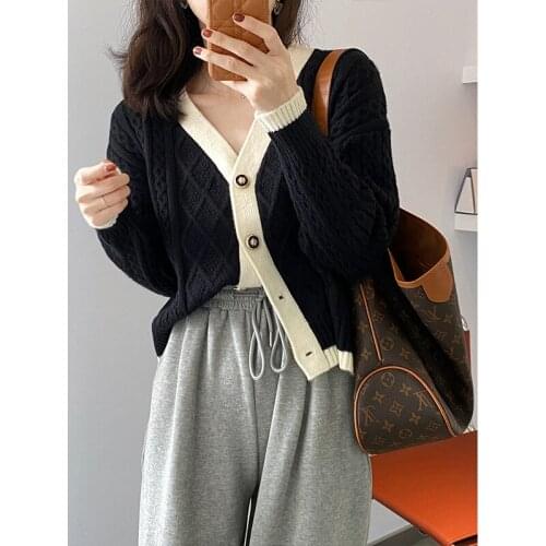 Twist knitted cardigan womens 2021 short V-Neck long sleeve autumn outer sweater 9291