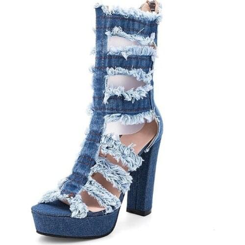 Fashion Women Cut Out Ankle Boots Blue Denim Short Botines Mujer Spring Autumn Peep Toe Casual Party Dress Shoes