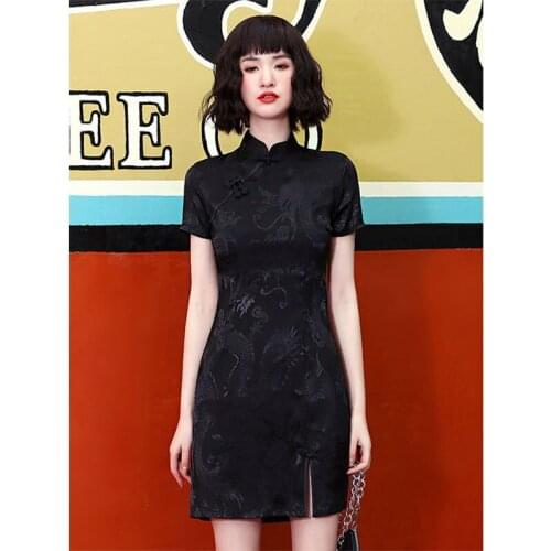 New Black Elegant Women Dresses Summer 2021 Short Sleeve Sheath Wrap Qipao Vintage Dresses Woman Sheer Casual Sundresses Women