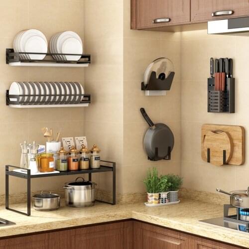 Punch-Free Kitchen Rack Wall-Mounted Black Alumimum Multi-Function Knife Rack Seasoning Rack Kitchen Organizer and Storage