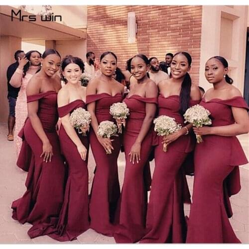 Mrs win Bridesmaid Dress Burgundy Off Shoulder Boat Neck Party Dresses HR193 For Girls Mermaid Long Sleeveless Vestido Madrinha