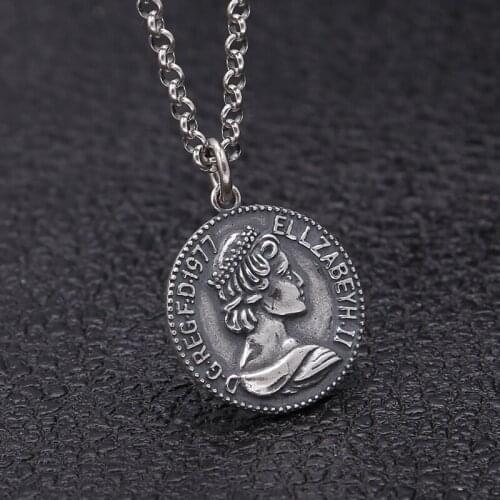 Retro black silver girls Queen Coin Pendant Charm Vintage 925 sterling silver pendant Trendy Figure fashion metal pendant