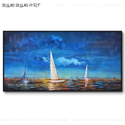 Pure Hand-painted High Quality Abstract Night Landscape Oil Painting on Canvas Blue Sky and Boating Oil Painting for Wall Decor