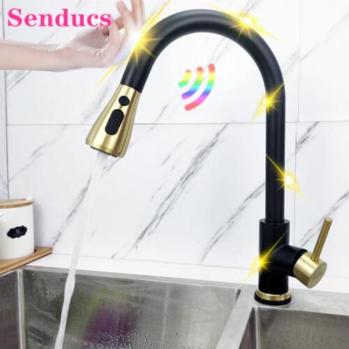Smart Touch Kitchen Faucets of Three Ways Sprayer Pull Out Kitchen Mixer Taps Hot Cold Black Gold Sensor Touch Kitchen Faucet