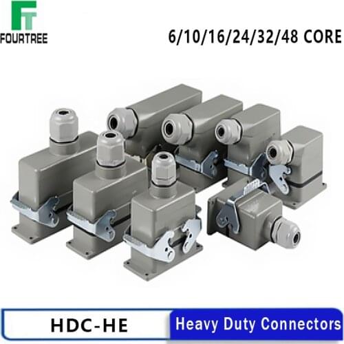 Heavy-Duty Connector Rectangular HDC-HE Industrial Waterproof Aviation Plug Socket Top Side Line 16A 6/10/16/24/32/48 Core