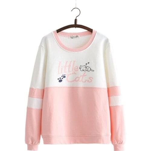 Women Sweatshirts Cartoon Cat Print Harakju Hoodies Loose Split 2020 Aumtum Winter Long Sleeve O-neck Cotton Hooded Pullovers