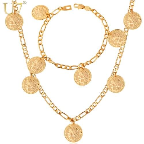 U7 Gold Color Classic France Coin Charms Necklace Bracelet Fashion Wholesale Jewelry Sets For Women S395