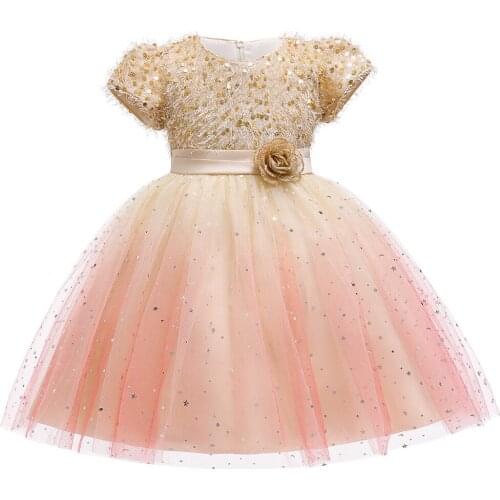 High-end new childrens gradient star moon princess dress blush short-sleeve sequins with dresses elegant party girls clothes