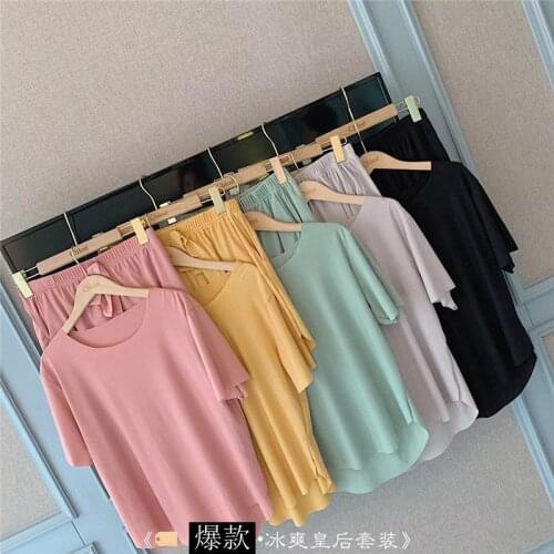 Womens Pajamas Set Round Neck Short Sleeve Ribbed Solid Color Female Sleep Two Piece Set Loungewear Home Wear