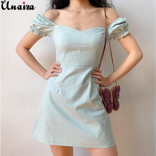 Unaiza Women Square-Neck A-line Skirt 2021 New Elegant Womens Dress With Waist And Thin Puff Sleeves Solid Color Fashion Dress