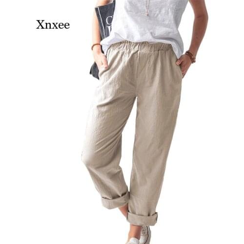 2021 Womens High Elastic Waist Straight Trousers New Fashion Spring Summer Cotton Solid Leisure Hemp Pocket Harlan Pants Bottom
