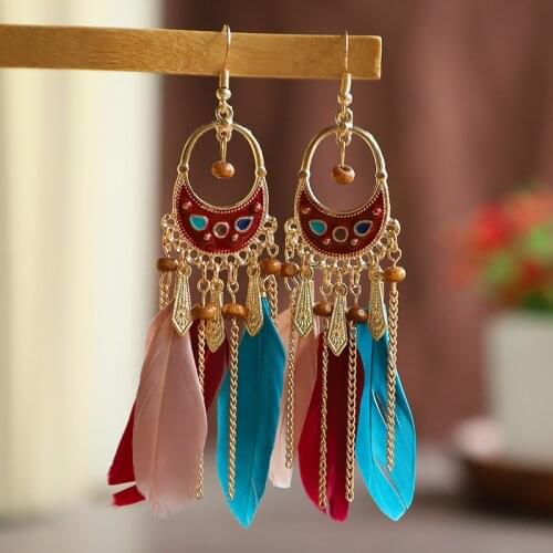 Womens Hanging Earrings Vintage Boho Ethnic Feather Long Tassel Dangle Woman Accessories Colorful Women Earring Jewelry