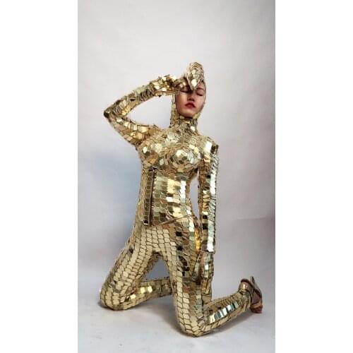 Woman Gold Mirror costume jumpsuit club party Mirror Suit Ladies gogo clubwear nightlife clothing dance dress performance