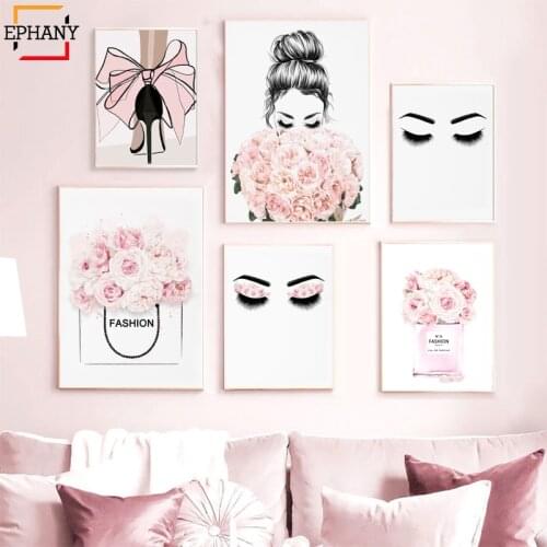 Female Face Art Fashion Wall Art Canvas Painting Girl Sketch Romantic Posters Watercolor Roses Wall Pictures for Bedroom Decor