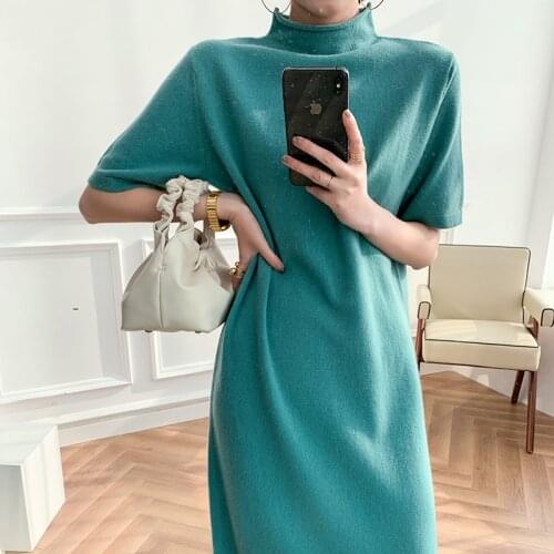 Spring And Autumn New Pure Wool Dress Woman Half-high Collar Long Loose Large Size Pullover Sweater Short Sleeve Bottoming Dress