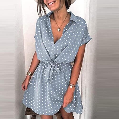 40# Wave Point Dresses Womens Vintage Bandage Turn-down Collar Sundress Causal Short Sleeve Mini Plus Size Dress Белое Платье