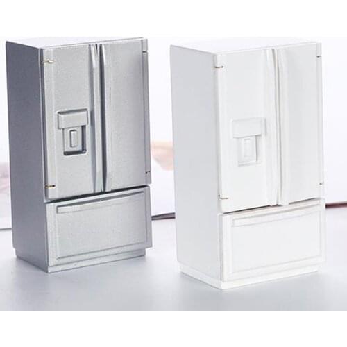 1/12 Dollhouse Miniature Kitchen White Sliver Wooden Fridge Refrigerator Freezer for Dolls Bedroom Living Room Kids Toy Acces