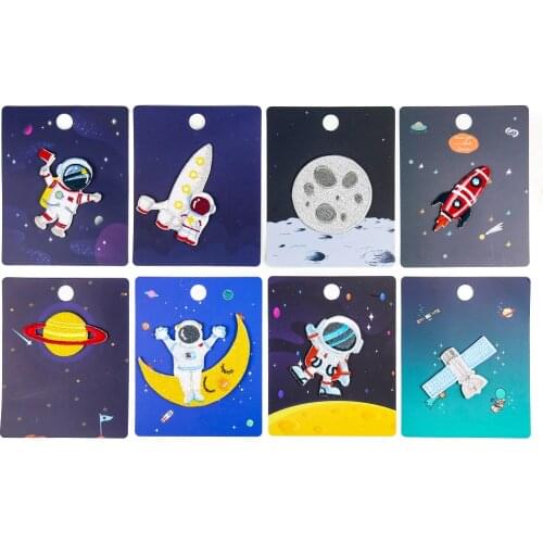 2PCS Space Ship Astronaut Badges Patch Cartoon Explore Universe Embroidery Appliques for Clothing Stick on Clothes Stickers