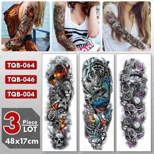 3 pcs/lot Large Arm Sleeve Tattoo Tiger Moon Flame Waterproof Temporary Tatto Sticker Lion Body Art Full Fake Tatoo Women Men