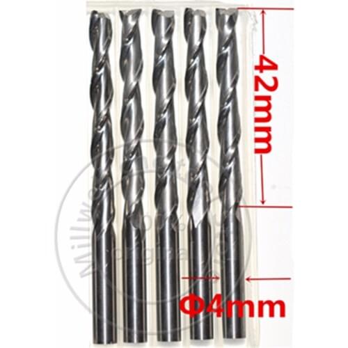 4mm*42mm-5PCS,CNC Solid carbide end mill,woodworking router bit,2 Flutes Spiral milling cutter,Wood tool,MDF,PVC,Acrylic,Wood