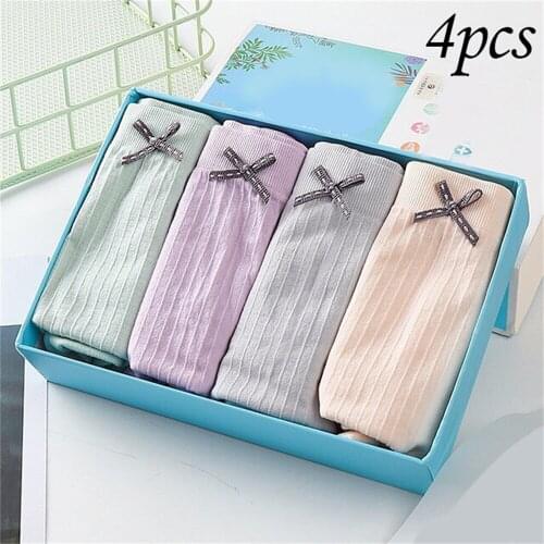 4PCS/lot Seamless Cotton Panties Womens Underwear Skin-friendly Underpants Bow Badge Panty Solid Simple Girls Cute Panty Ladies