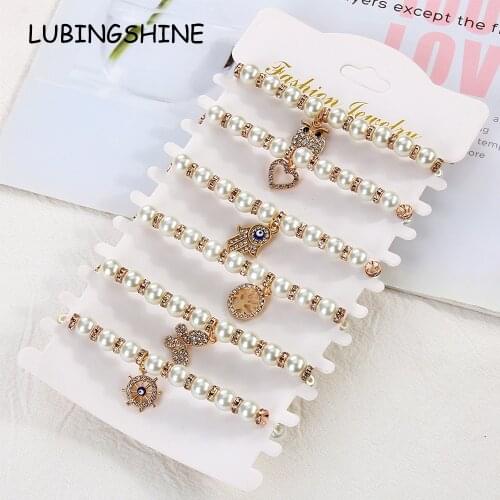 6Pcs/lot Women Pearl Evil Eye Elastic Bracelet Charms Crystal Heart Owl Tree of Life Butterfly Beaded Bracelets Jewelry Gift