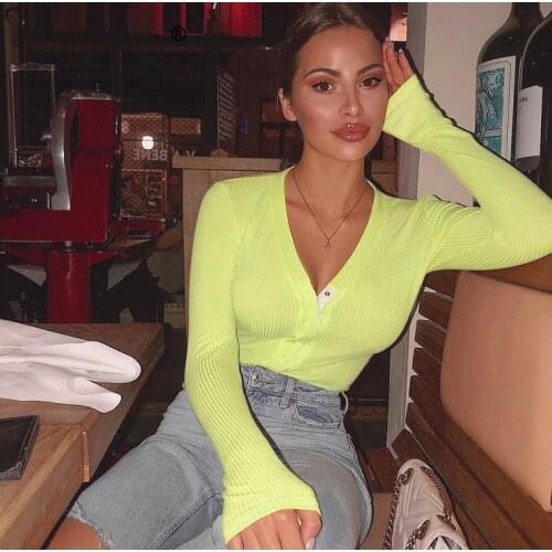 Button Deep V-neck Bodysuit 2019 Autumn Ribbed Knit Tops Women Solid Color Casual Sexy Rompers Womens Jumpsuit Pink Gray