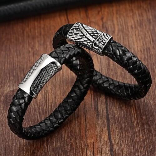 XQNI Stainless Steel Chain Bracelet Men Genuine Leather Bracelets Black Color Leather Bracelet for women Rope Jewelry Vintage