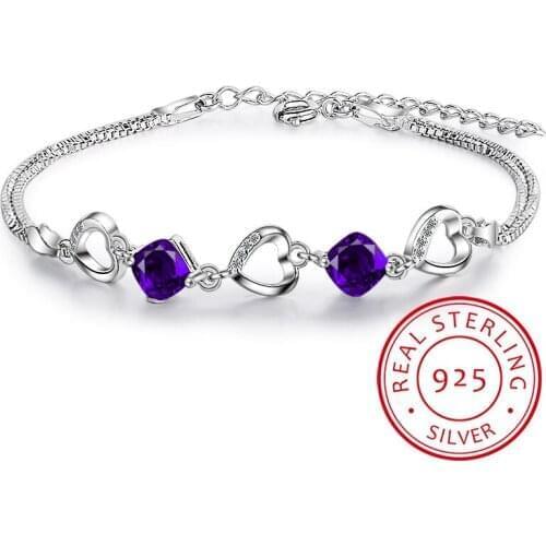 Heart Connected Charm Bracelet Women Real Silver Double Bracelet 925 Sterling Silver Original Jewelry Purple Stone Zirconina