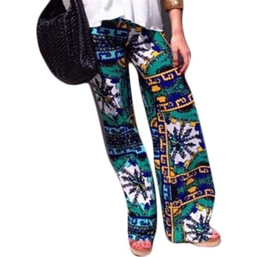 Ele-choices Womens Summer Floral Pants Casual High Waist Flare Wide Leg Long Trousers for Daily