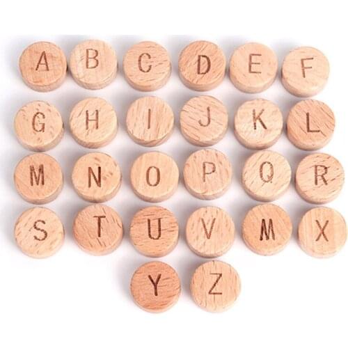 26pcs English Alphabet Letter Beech Wooden Teether Beads Custom Personalized Name DIY Pacifier Chain Baby Toddler Goods Toys