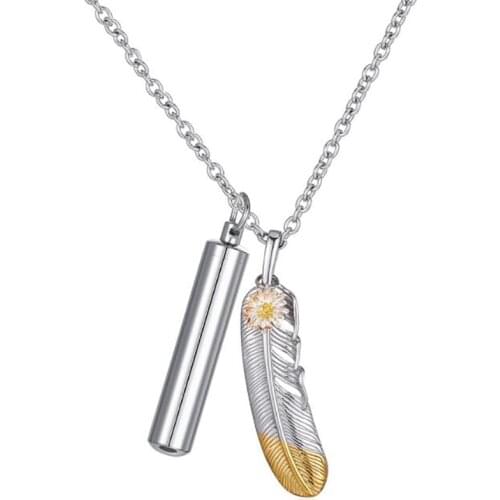 Stainless Steel Cremation Cylinder Feather Wings Pendant Necklace Jewelry Punk Rock Men Gift For Him