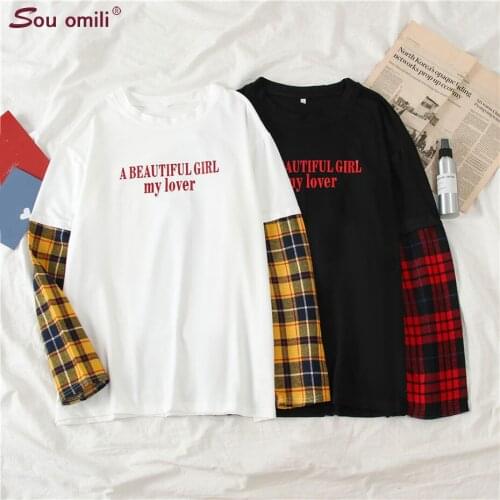Harajuku Plaid patchwork t shirt kawaii women Tshirt Loose Casual Long Sleeve autumn Students Simple letter white black t-shirts