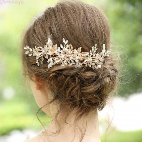 Jonnafe Gold Floral Leaf Hair Comb for Bridal Women Headpiece Handmade Prom Party Wedding Hair Oranment Accessories